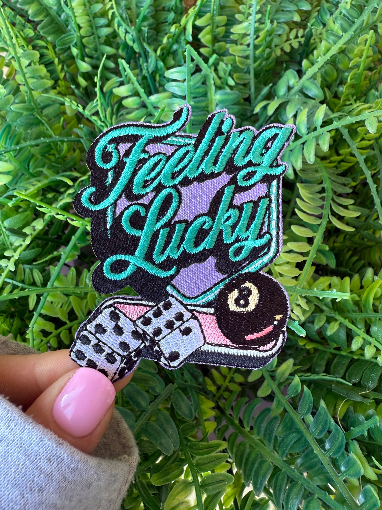 Feeling lucky 8ball & dice iron on patch