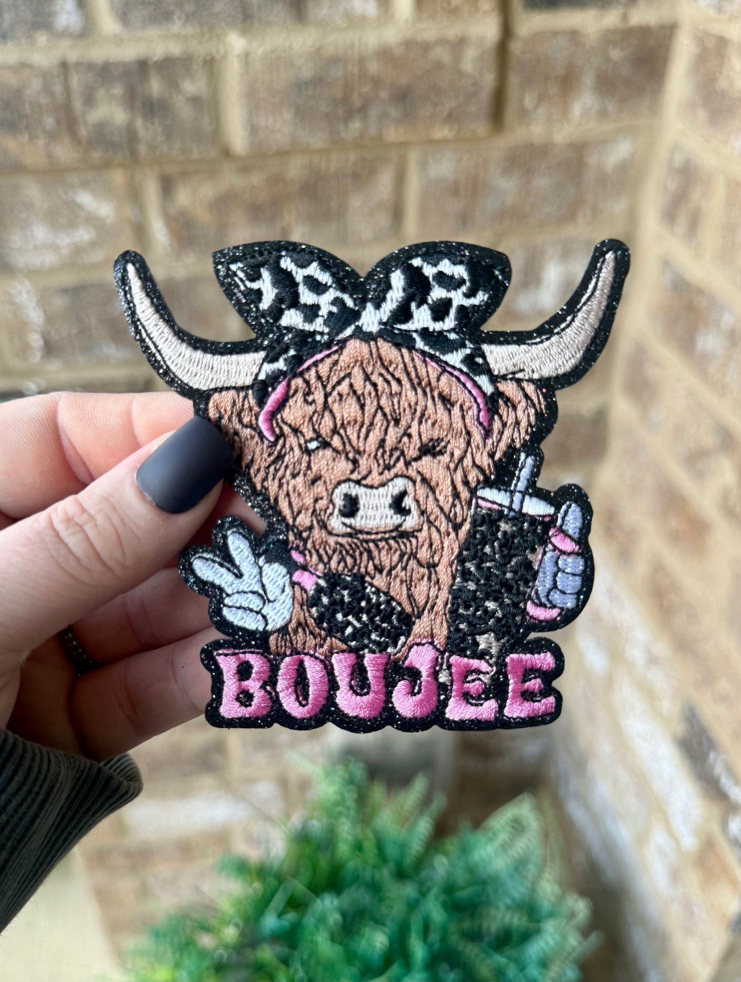 Boujee Highland Cow pink iron on patch