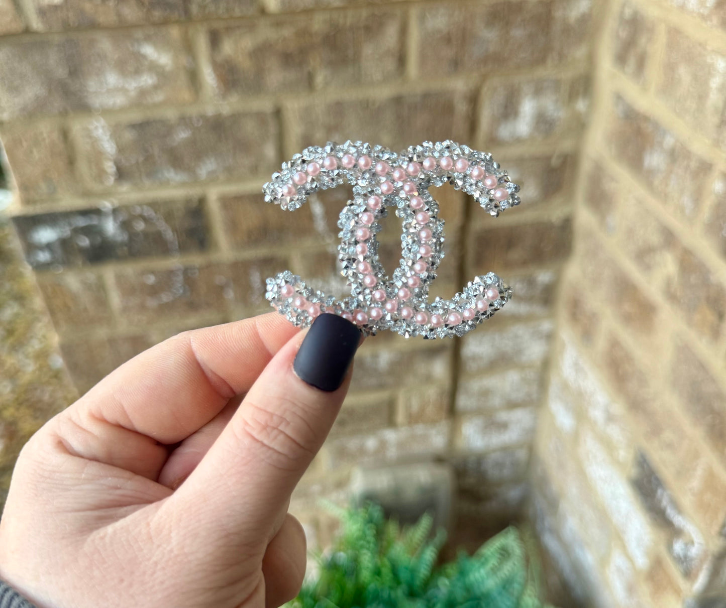 CC pink pearl rhinestone iron on patch