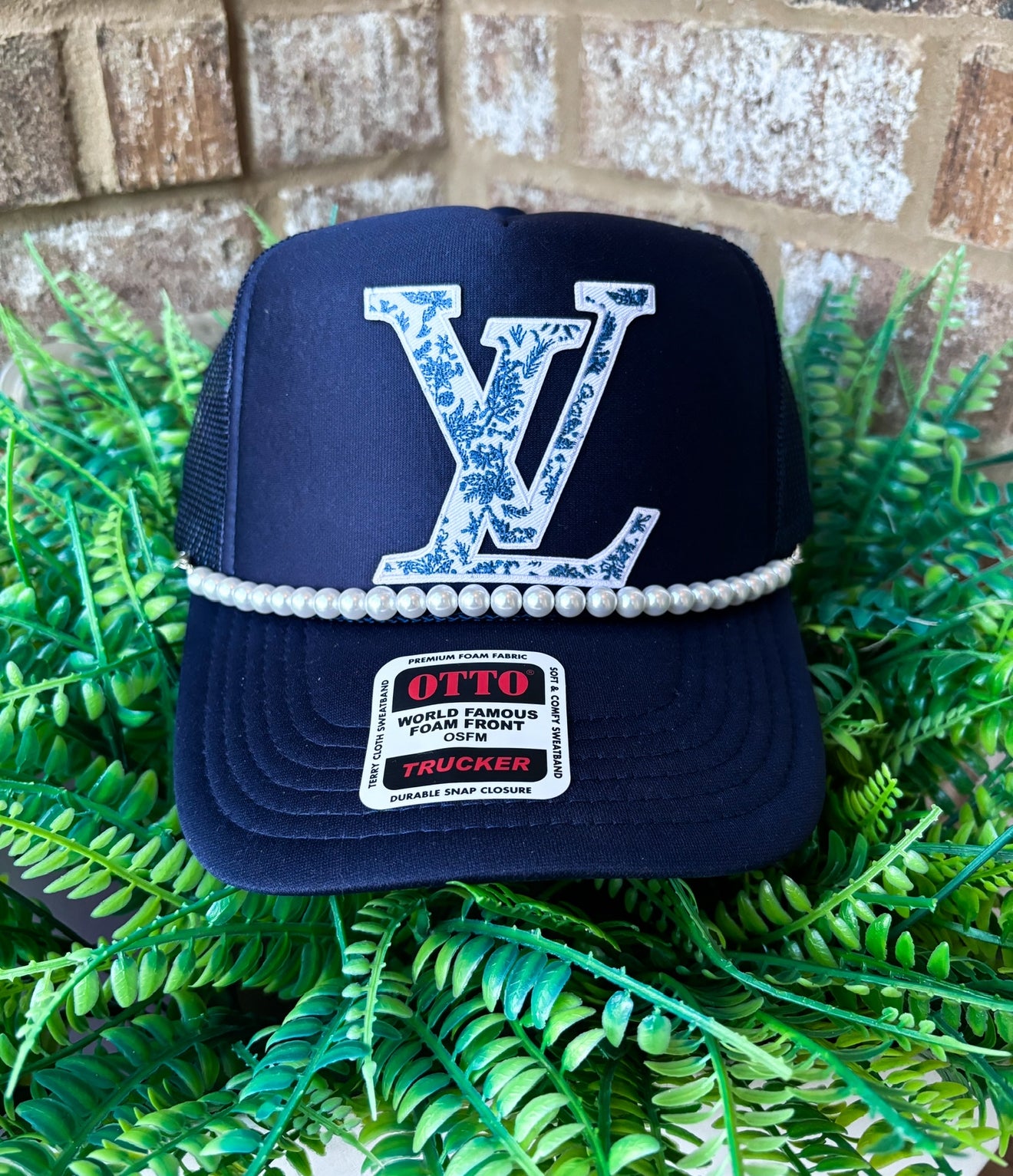 Navy Floral Lv preppy pearl trucker hat