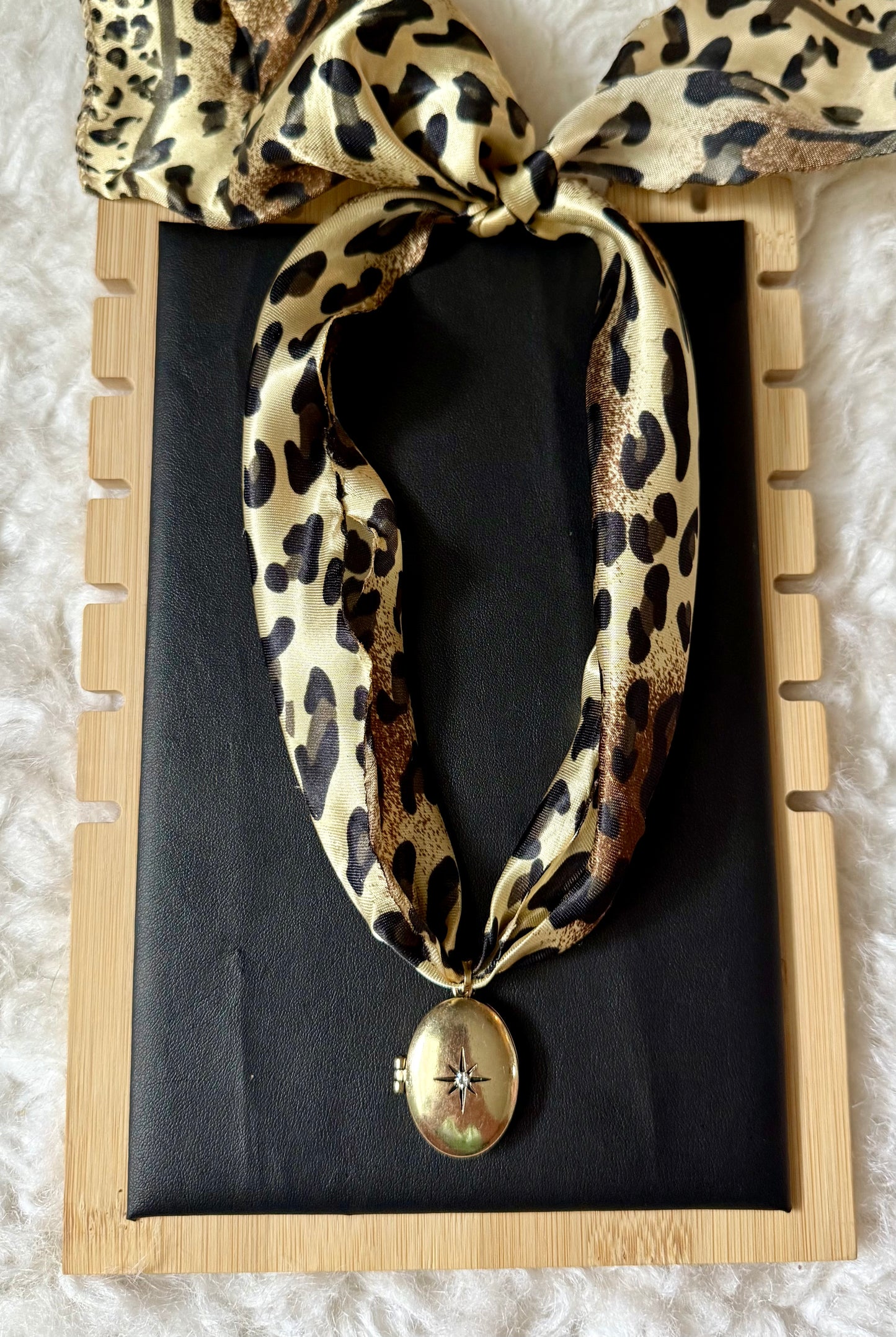 Leopard Print Silk Scarf Necklace with Gold Oval Locket Pendant