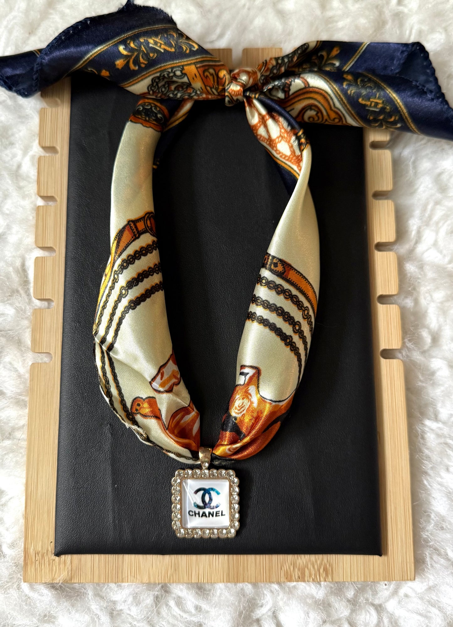 Navy Silk Scarf Necklace with CC Pearl-Trimmed Square Pendant