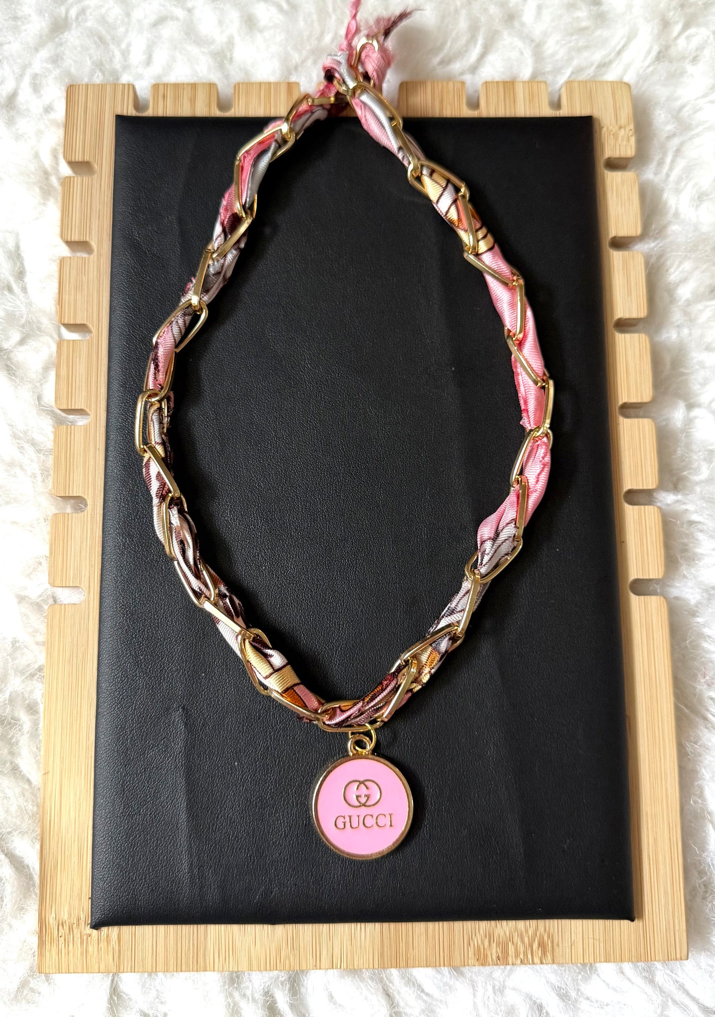 Pink boujee GG chain woven Silk Charm Necklace