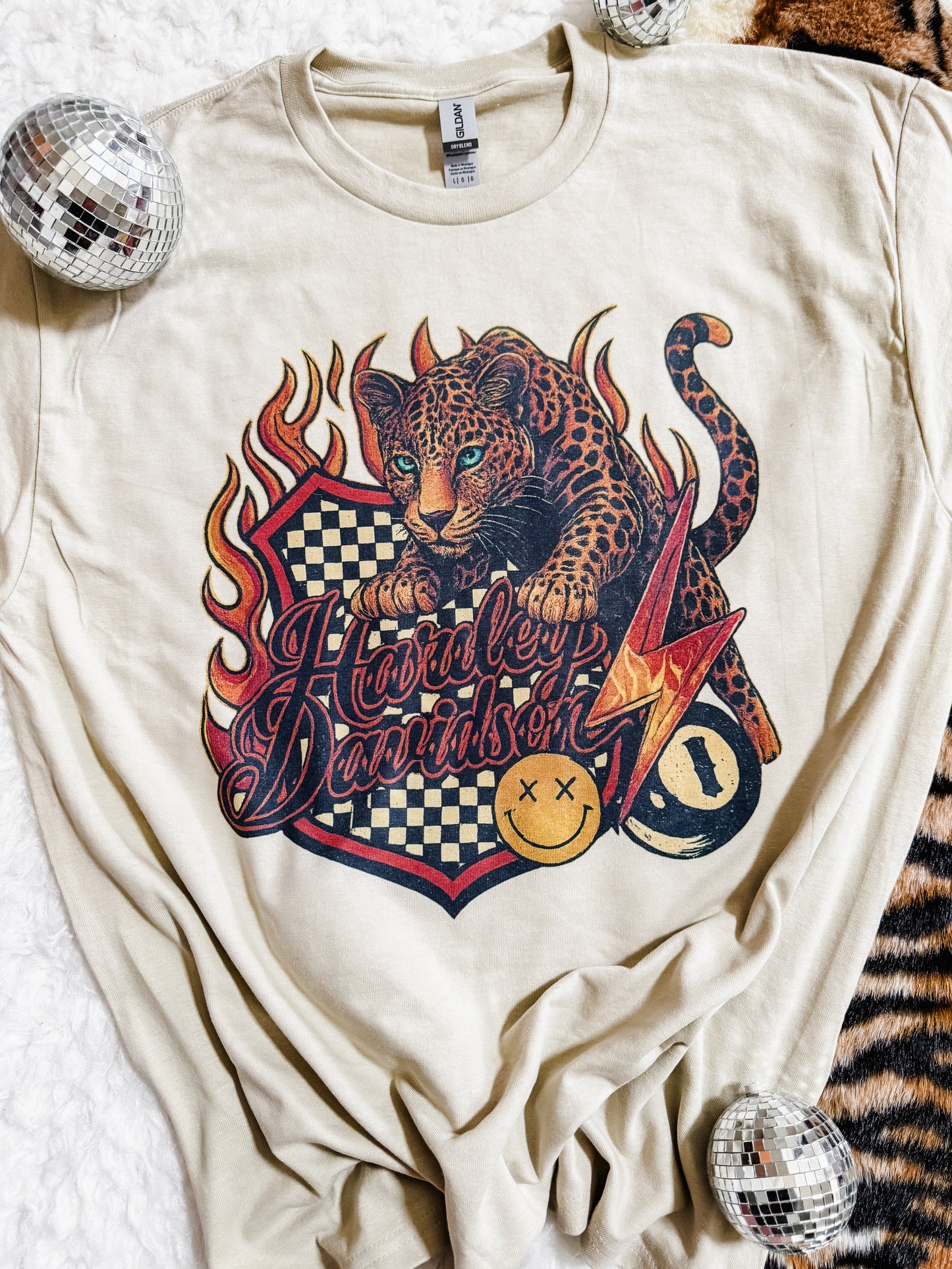 Harley Davidson Leopard Graphic T-Shirt | Flames, Checkered & Retro Biker Tee