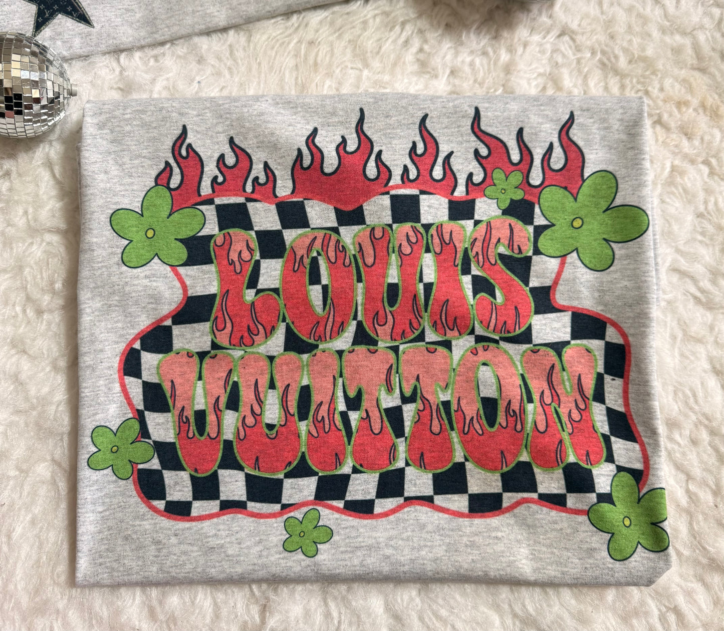 Retro Flames Graphic T-Shirt | Bold Checkerboard & Animal Print Design | Vintage Streetwear Tee