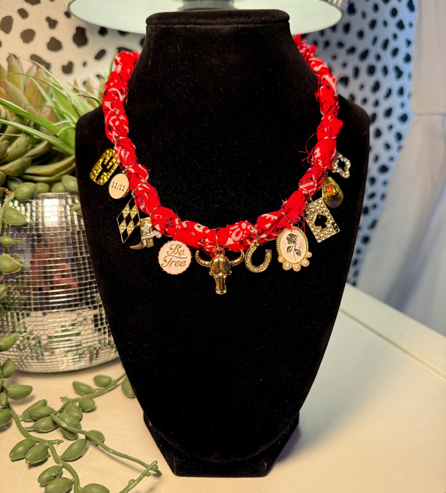 Red braided bandana western charm necklace