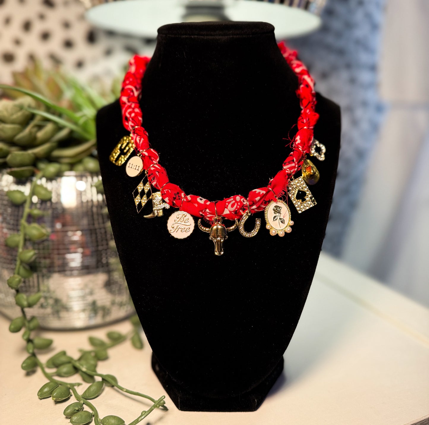 Red braided bandana western charm necklace