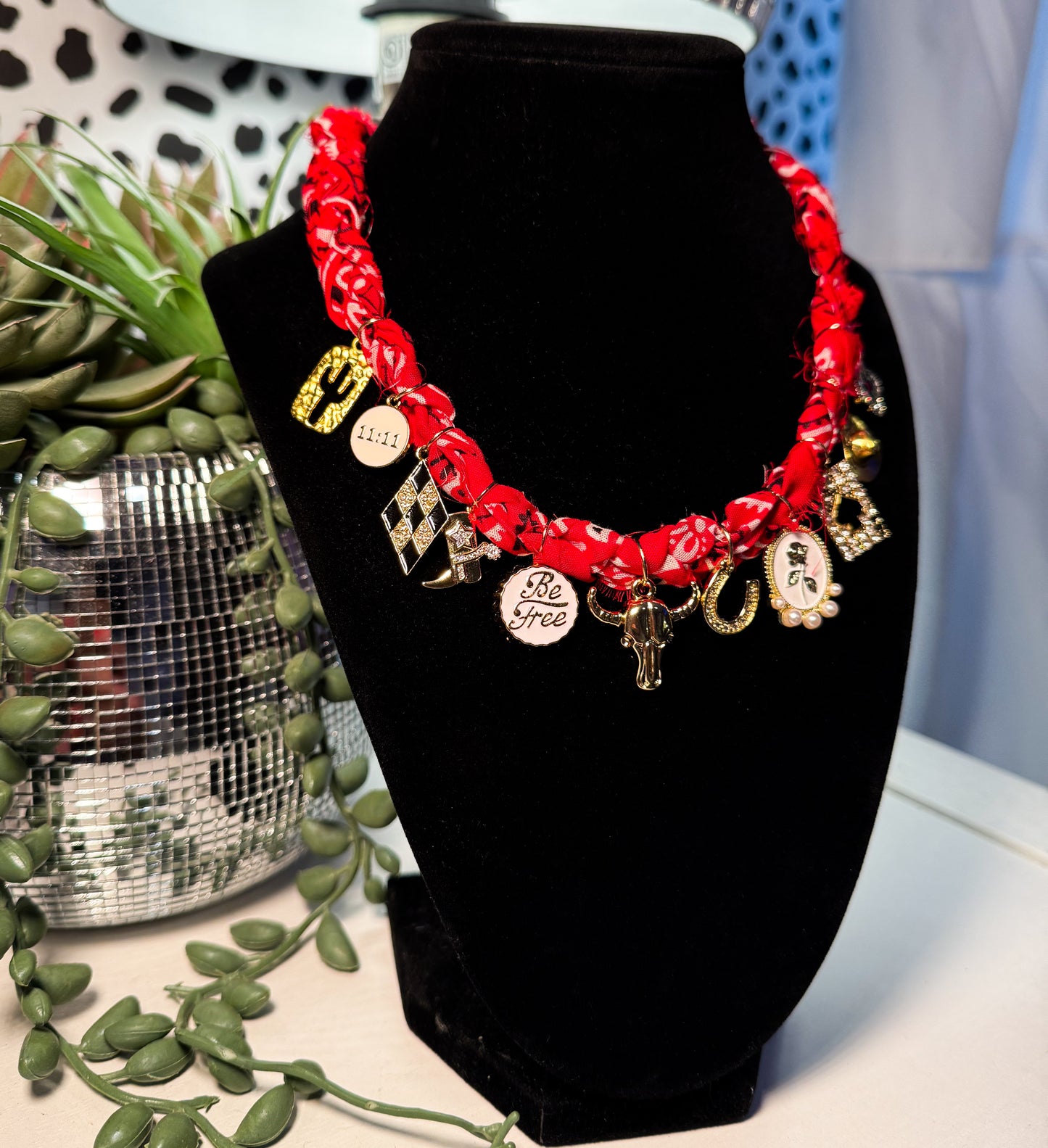 Red braided bandana western charm necklace