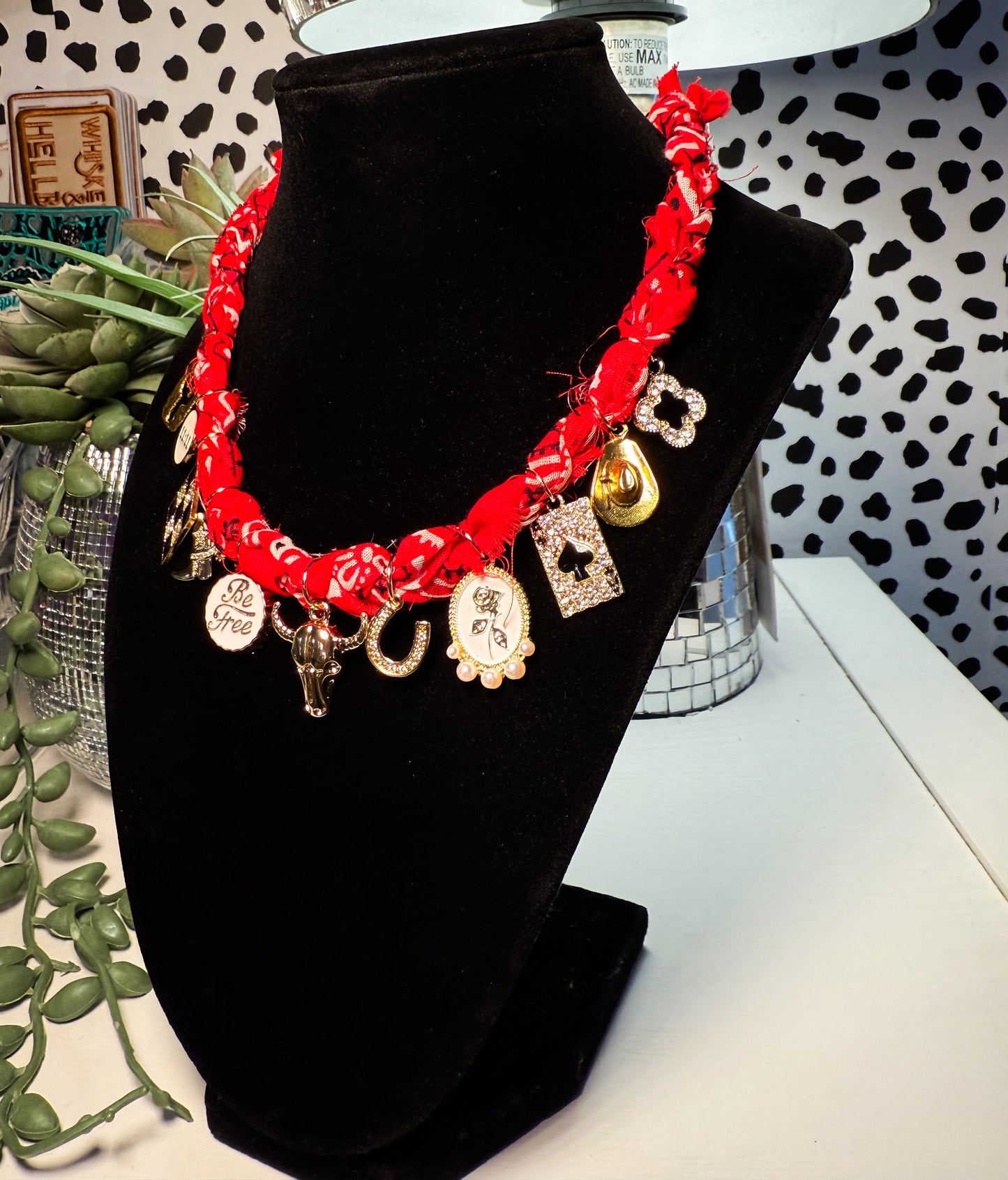 Red braided bandana western charm necklace