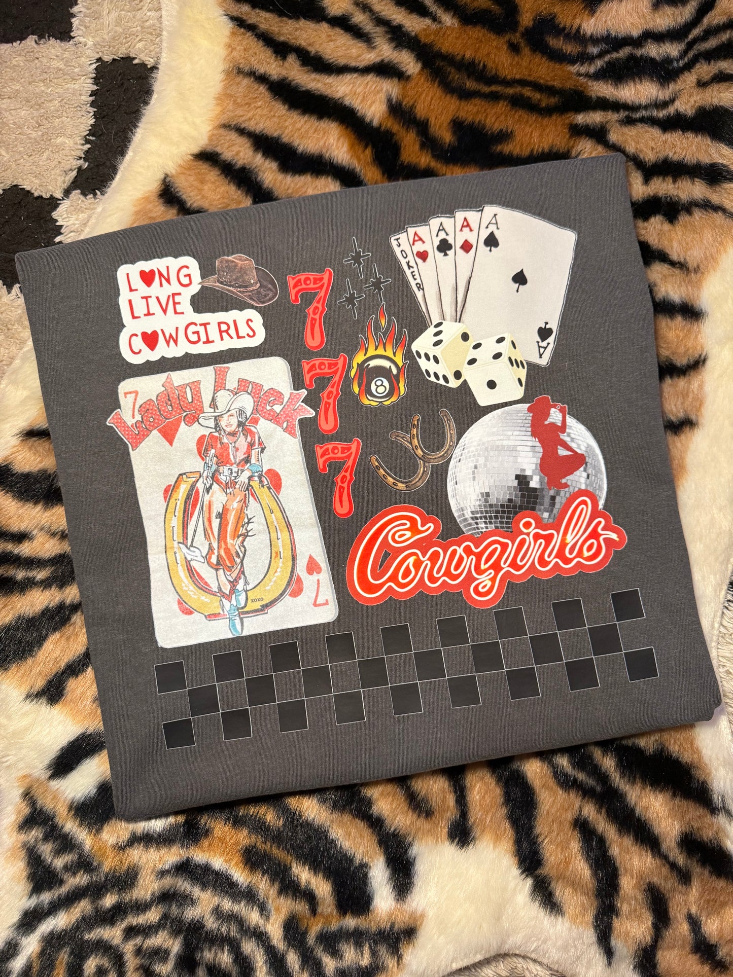 Cowgirl Casino Graphic T-Shirt | Lady Luck, 777 & Playing Cards | Retro Western Vegas Tee