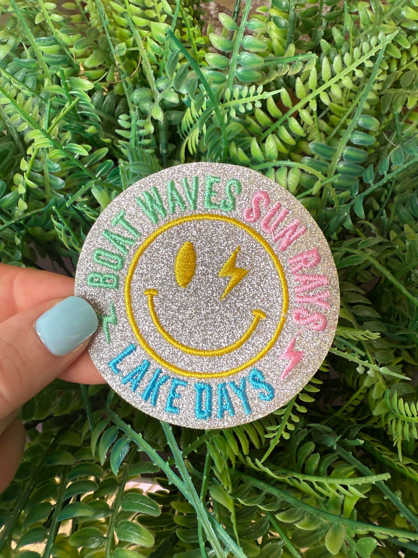 Boat waves sun rays lake days summer glitter iron on patch