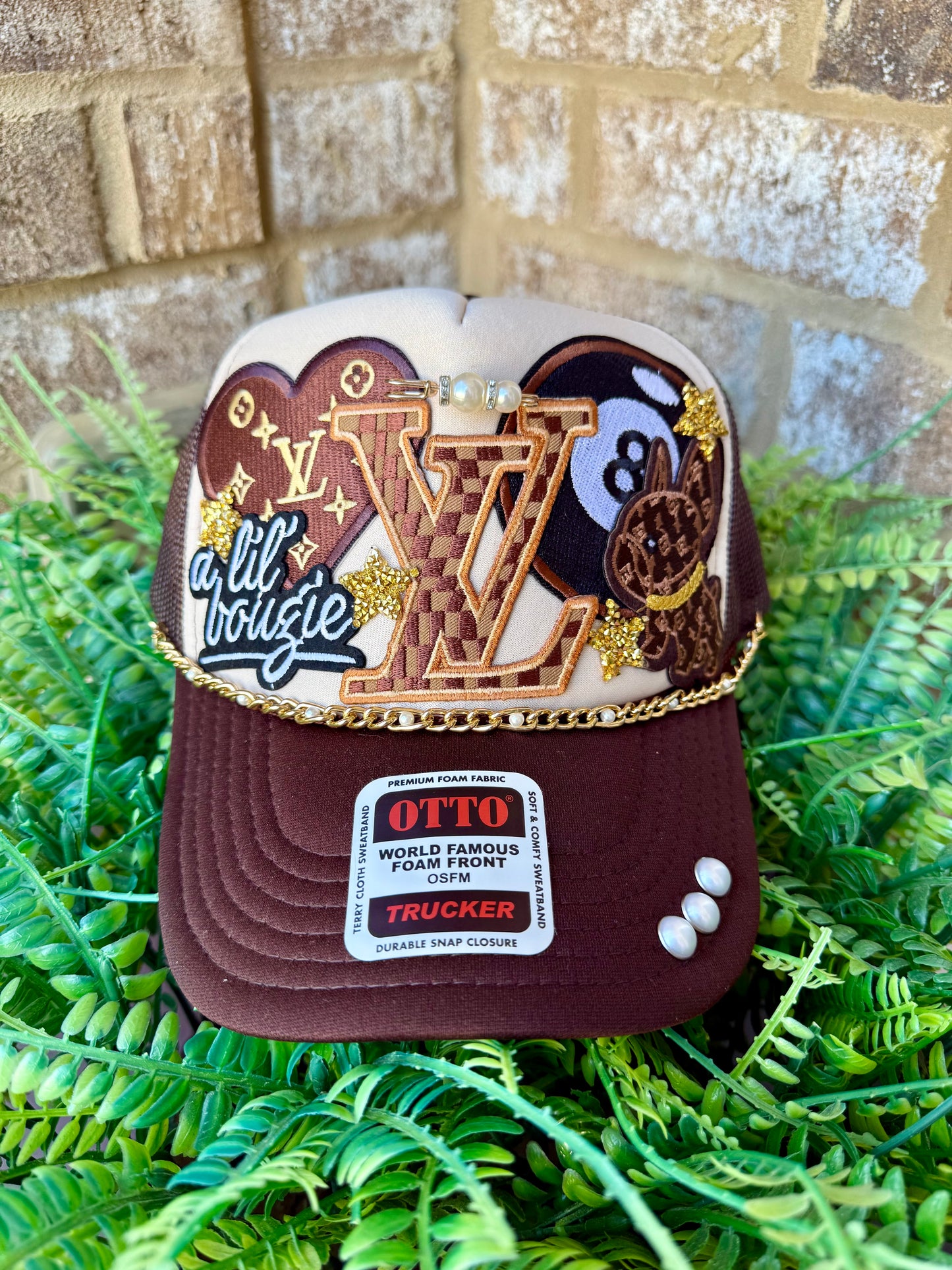 Lv a lil boujee brown and tan trucker hat