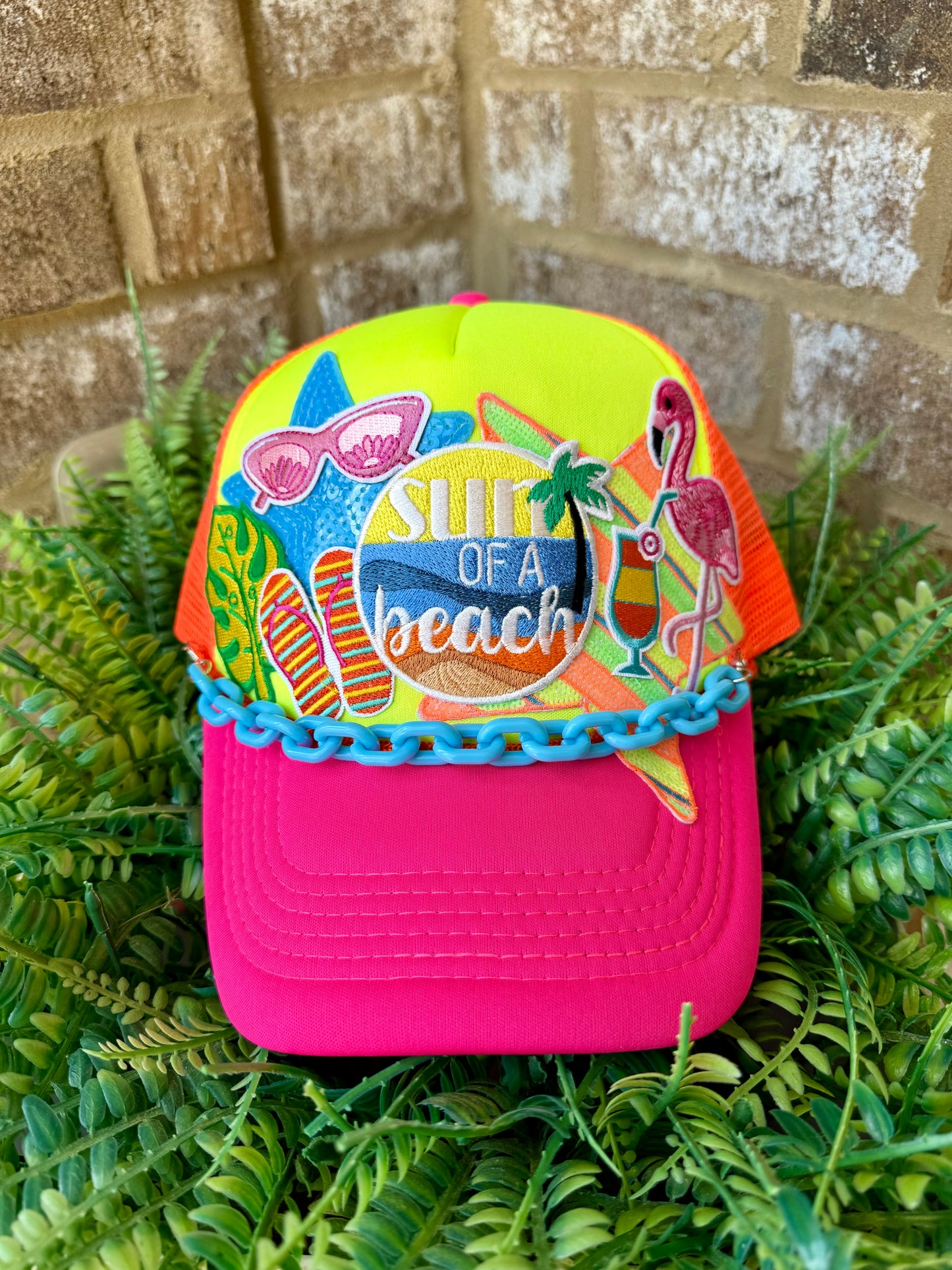 Neon Tri-color sun of a beach summer trucker hat