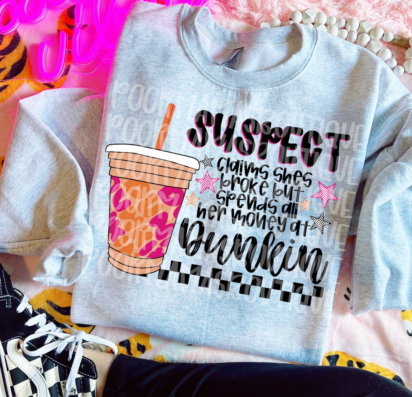 Suspect spends all her money at Dunkin funny trendy iced coffee digital download png design