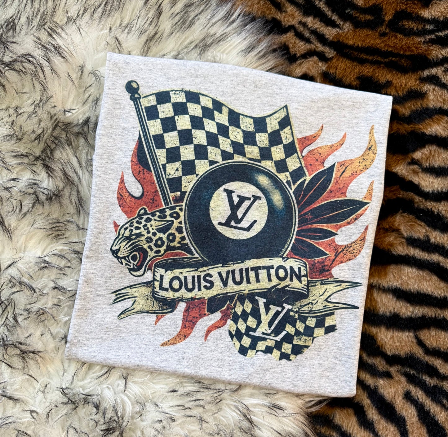 Vintage Racing Graphic T-Shirt | Checkered Flag, Jaguar & 8-Ball Design | Retro Streetwear Tee