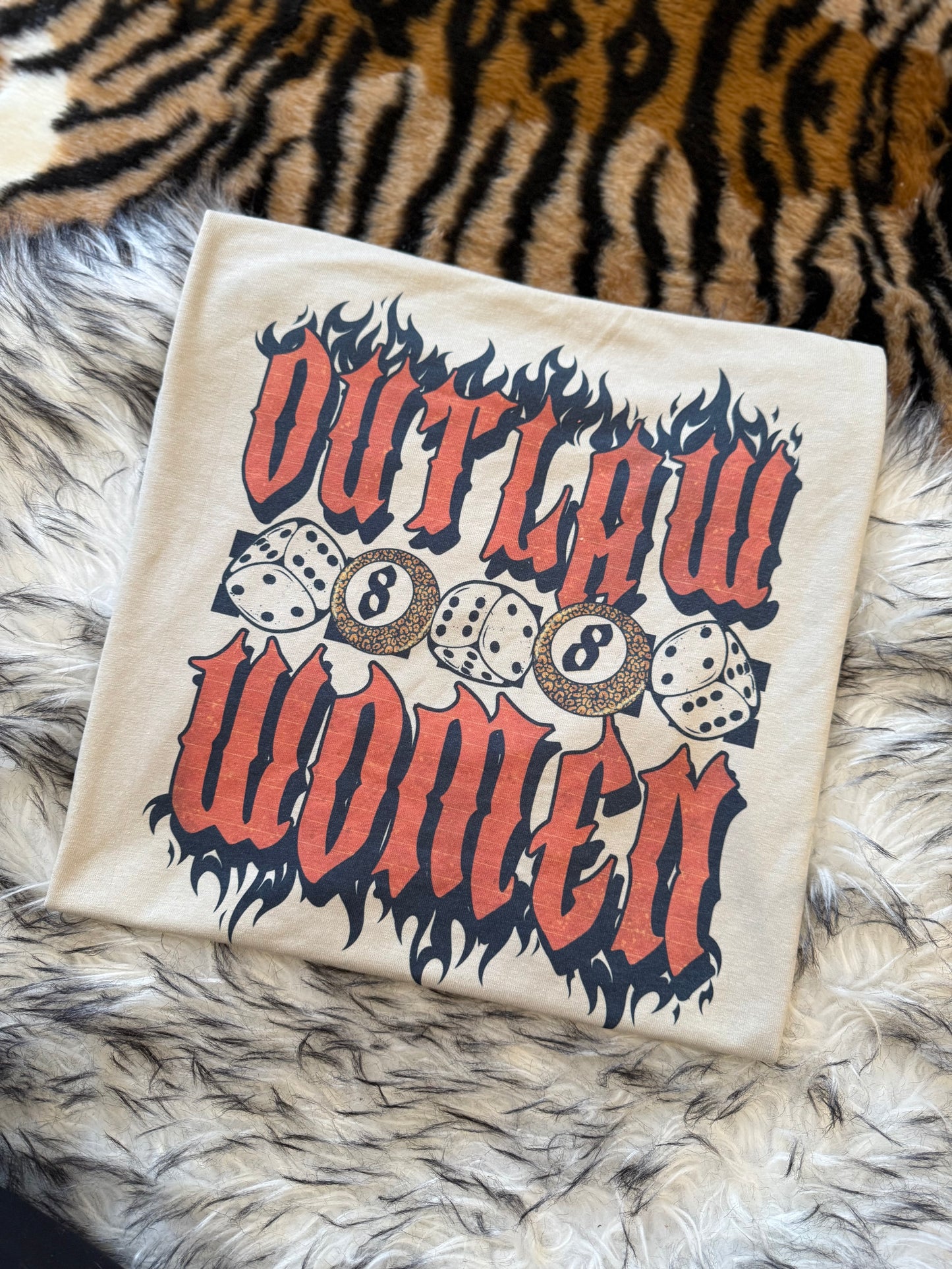 Outlaw Women Graphic T-Shirt | Flames, Dice & 8-Ball Design | Retro Biker Western Tee
