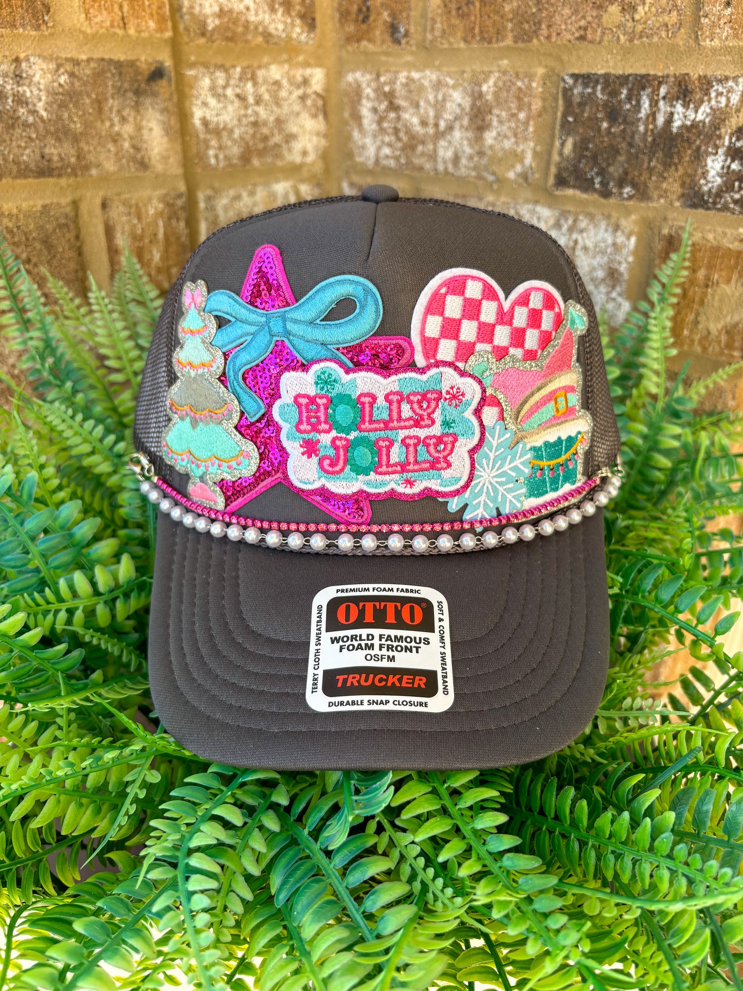 Holly jolly preppy girl turquoise Christmas trucker hat