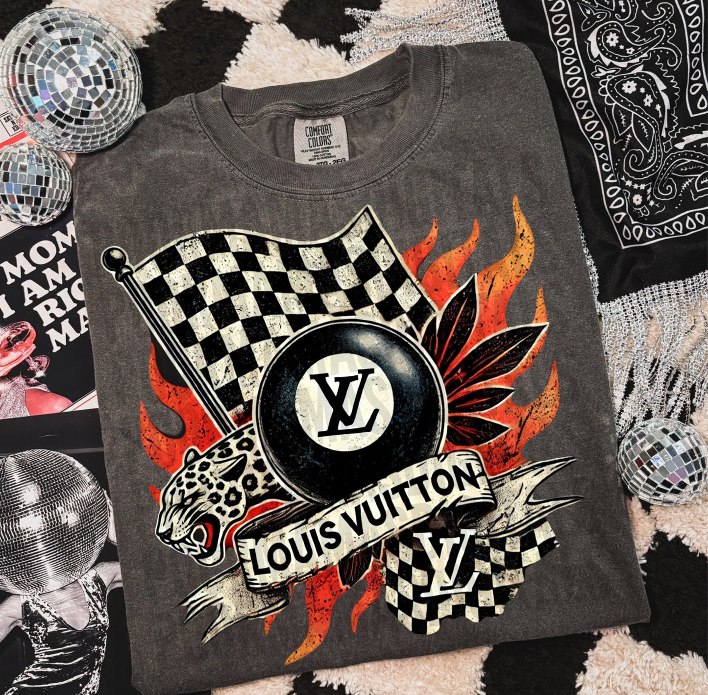 Checkered flag Lv boujee retro leopard DIGITAL DOWNLOAD PNG