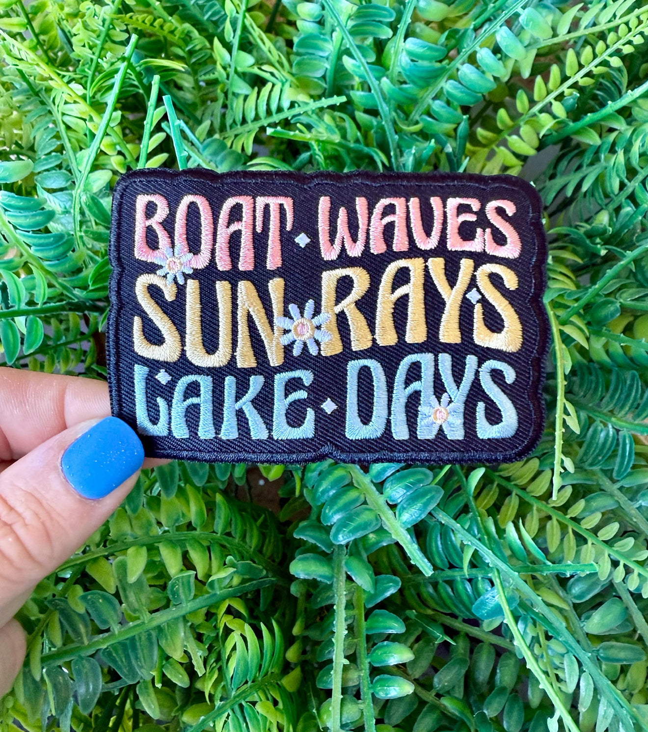 Boat waves sun rays lake days iron on patch