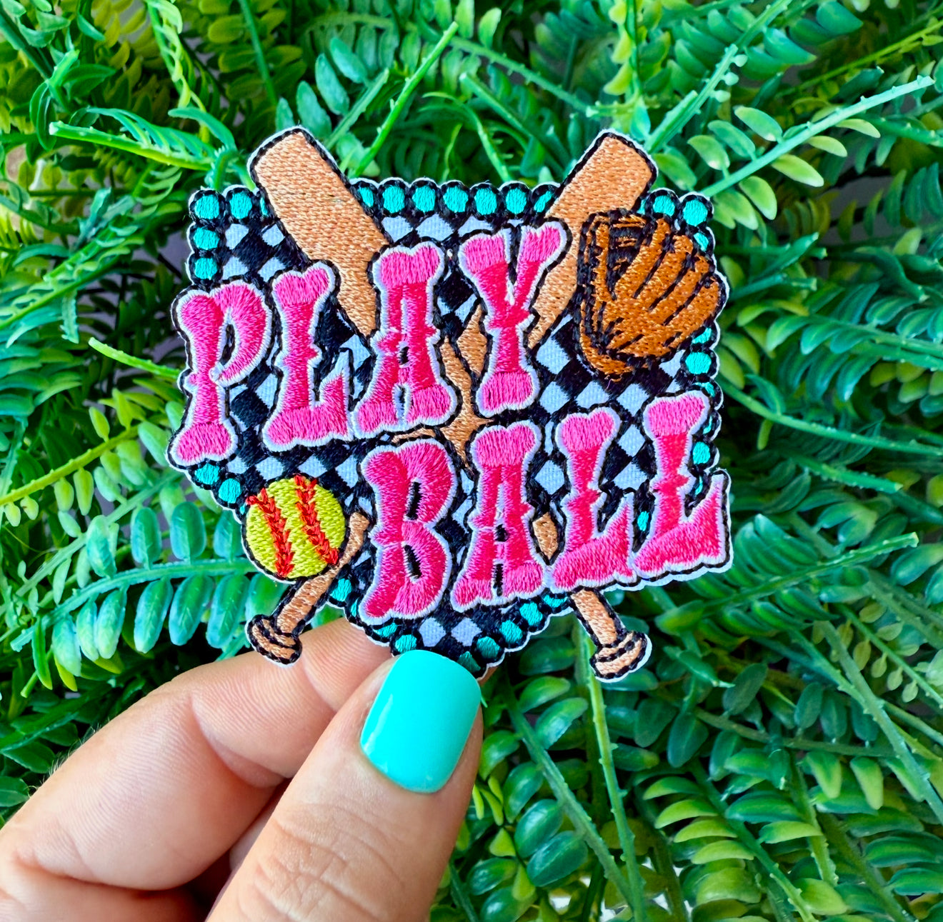 Play ball western turquoise softball iron on patch