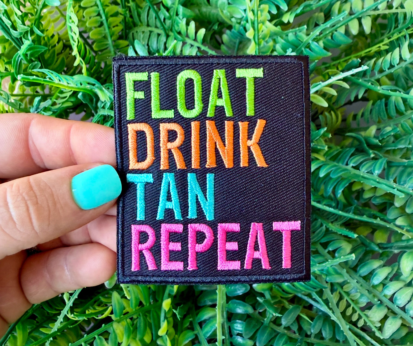 Float tan drink repeat summer iron on patch