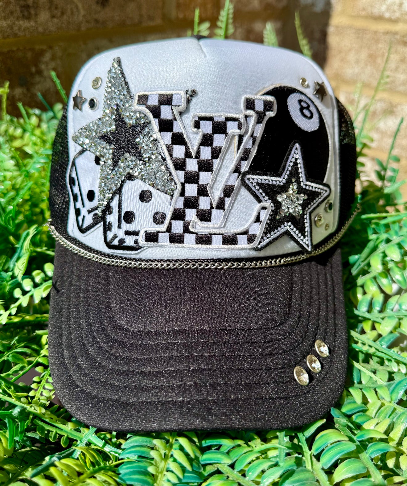 Black and white Lv trucker hat