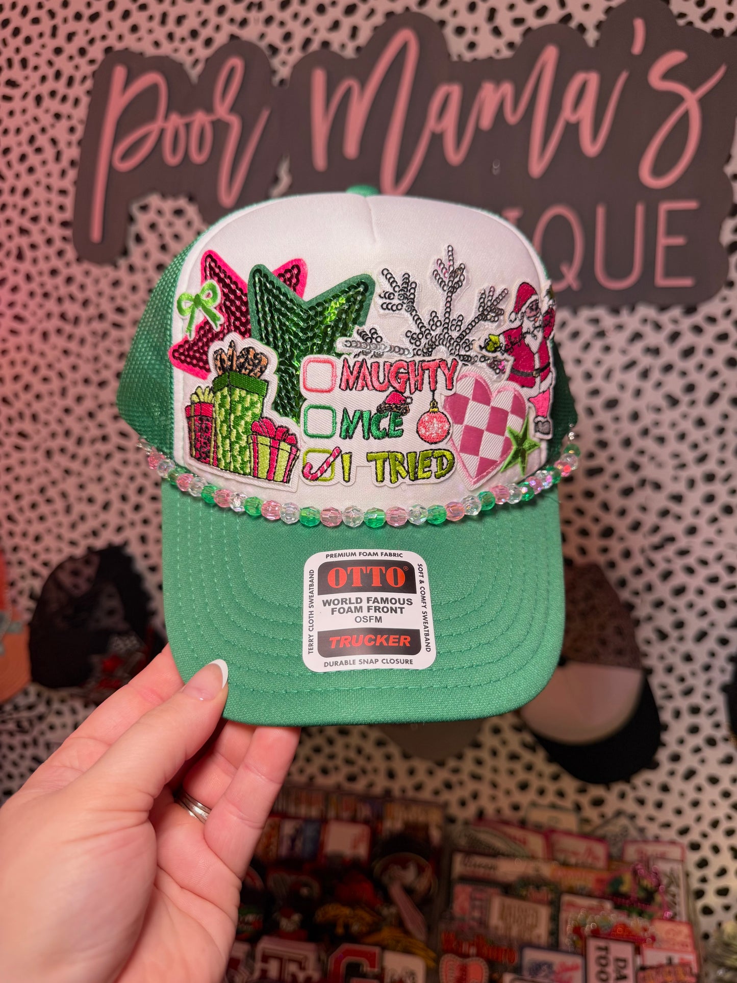 Naughty, Nice, I tried preppy Christmas trucker hat