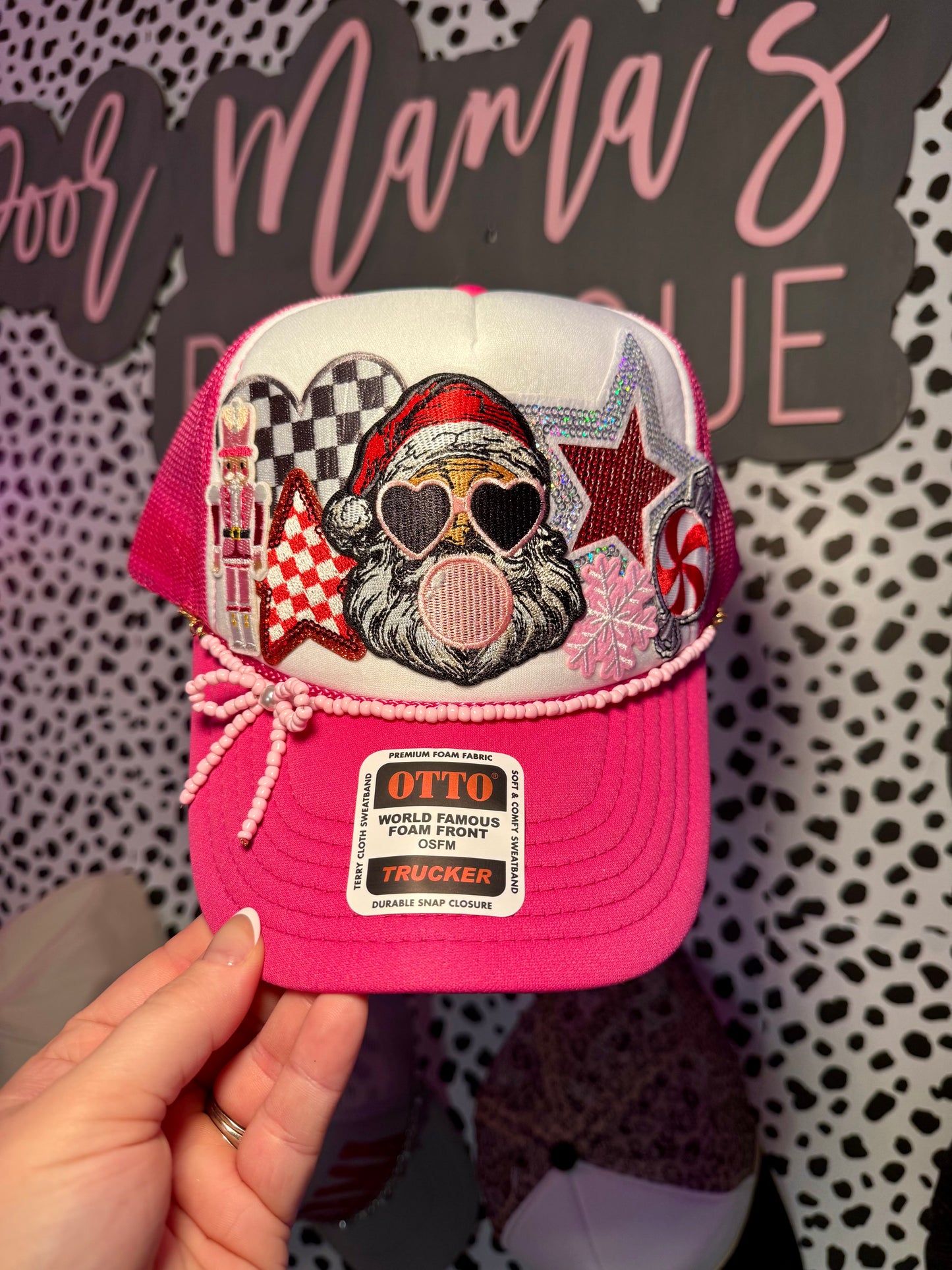Boujee Bubblegum Santa Christmas Trucker Hat | Pink Holiday Patch Hat