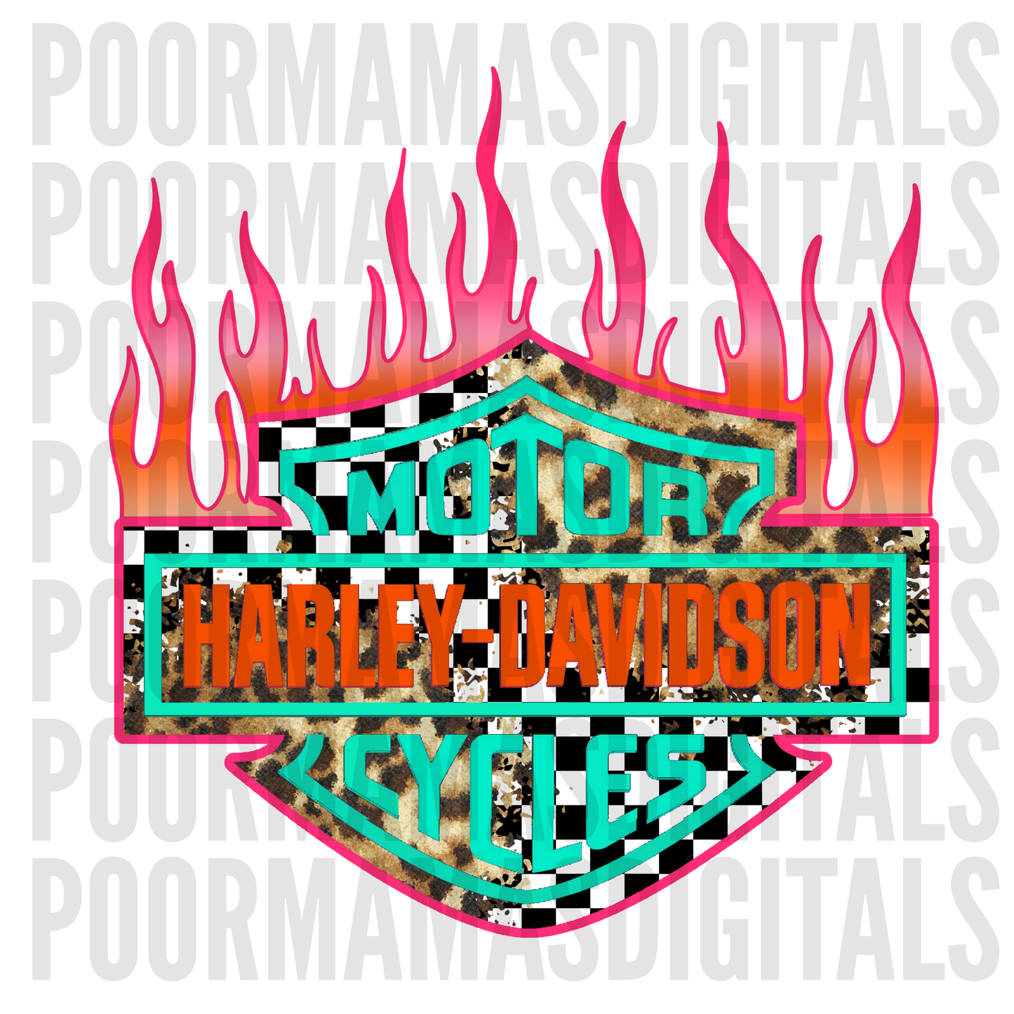 Harley retro pink flamed checkered & leopard DIGITAL DOWNLOAD PNG
