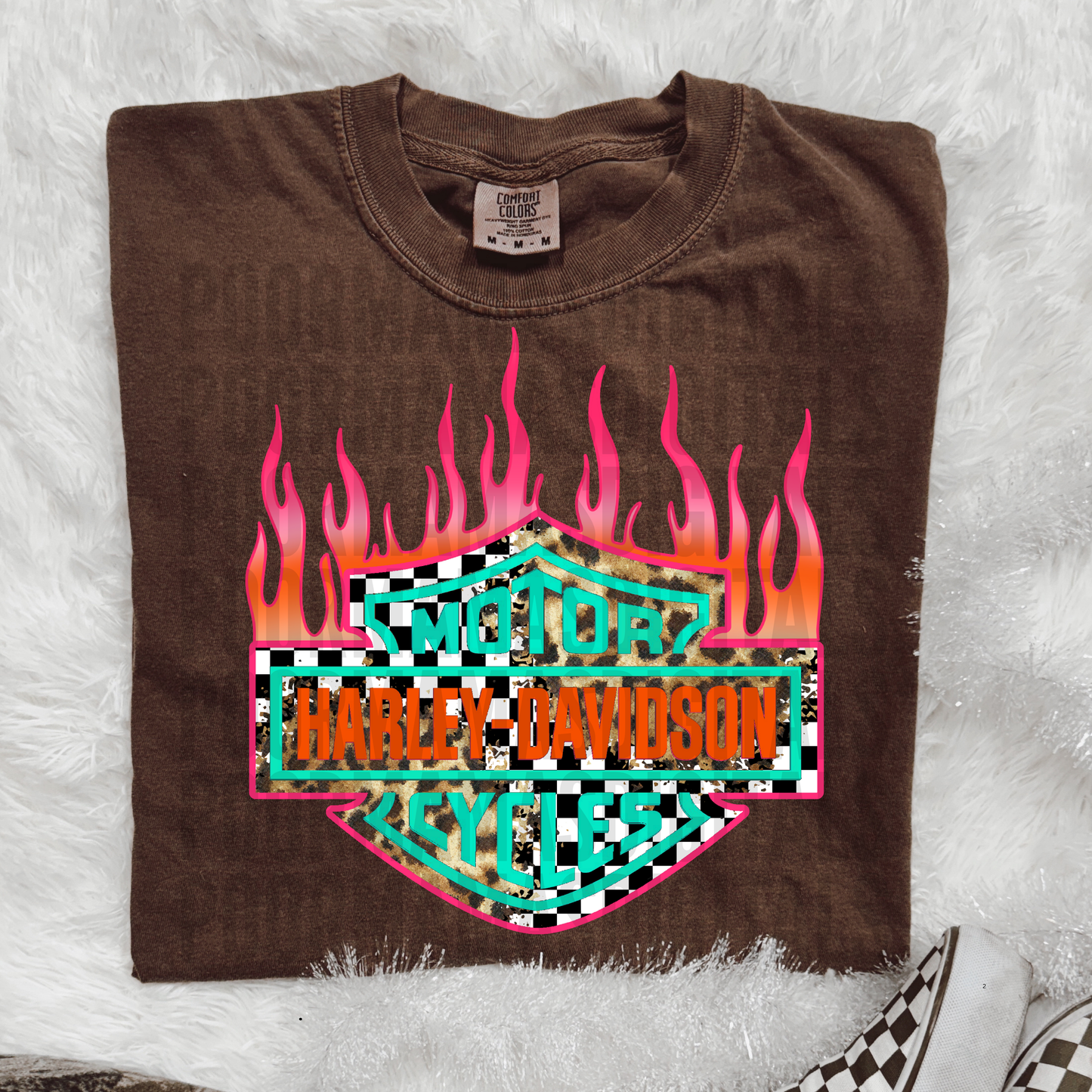 Harley retro pink flamed checkered & leopard DIGITAL DOWNLOAD PNG