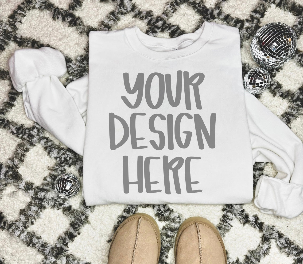 Gildan unisex white sweatshirt basic girly flat lay mock up