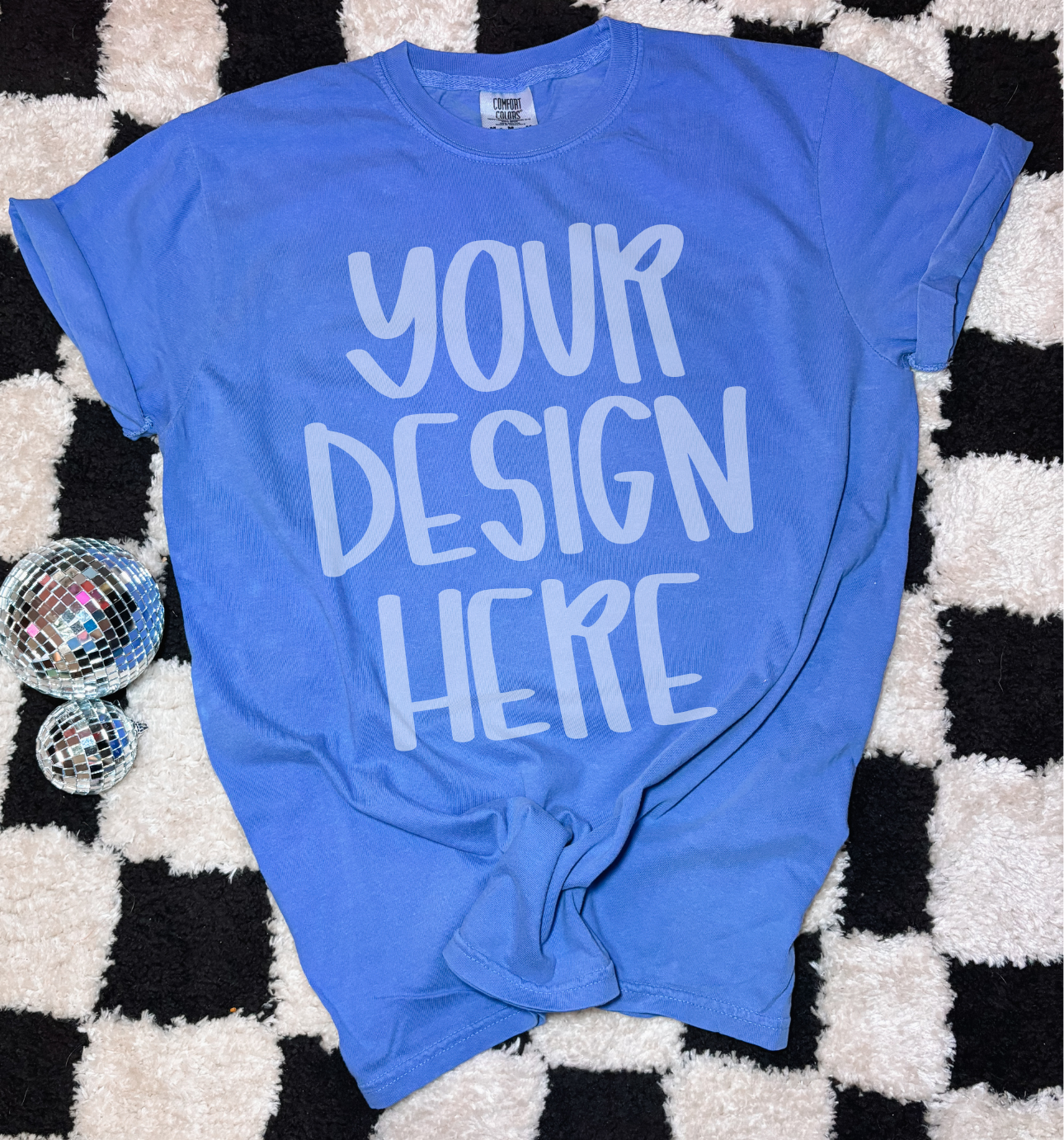 Comfort color periwinkle short sleeve t-shirt flat lay mock up