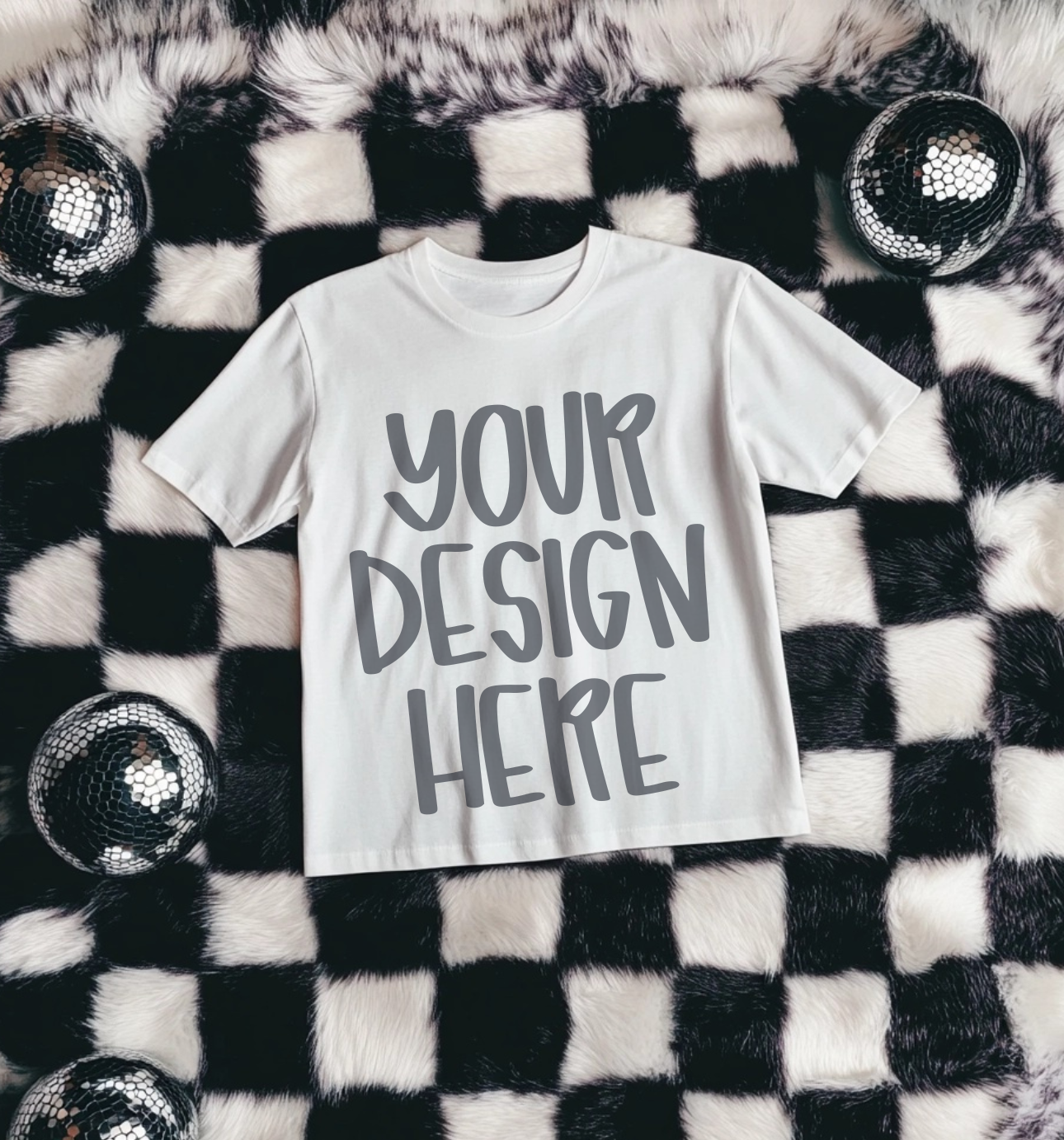 Unbranded white short sleeve retro checkered flat lay mock up