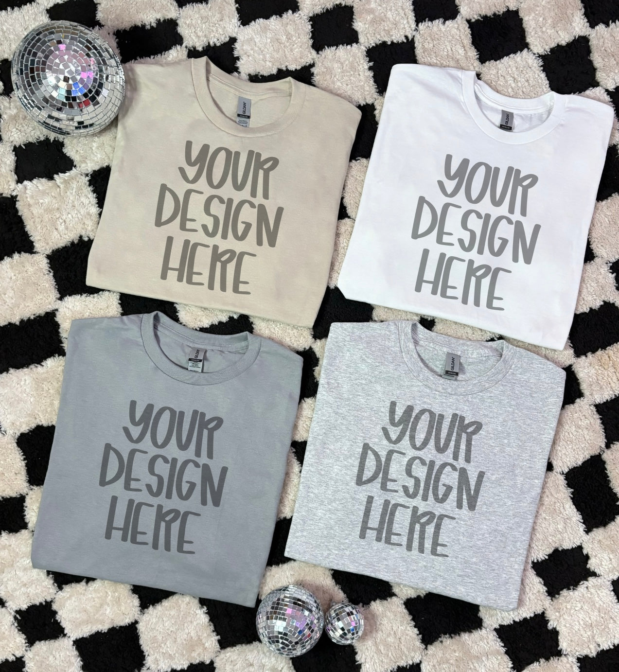 Gildan unisex white, sand, ash & gravel short sleeve flat lay multi shirt mock up