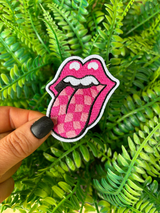 Pink checkered lips and tongue embroidered iron on trucker hat patch