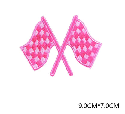 Pink Checkered racing flags iron on trucker hat patch