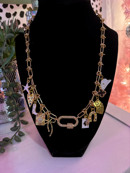 Carabiner paved knotted western preppy gold charm necklace