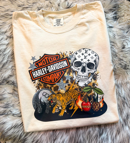 Harley Davidson Graphic T-Shirt | Skull, Tiger & Rocker Design | Vintage Biker Streetwear Tee