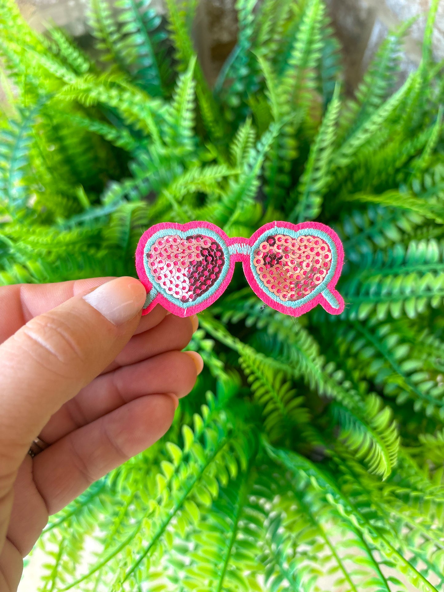 Pink & Teal sequin heart sunglasses embroidered iron on trucker hat patch