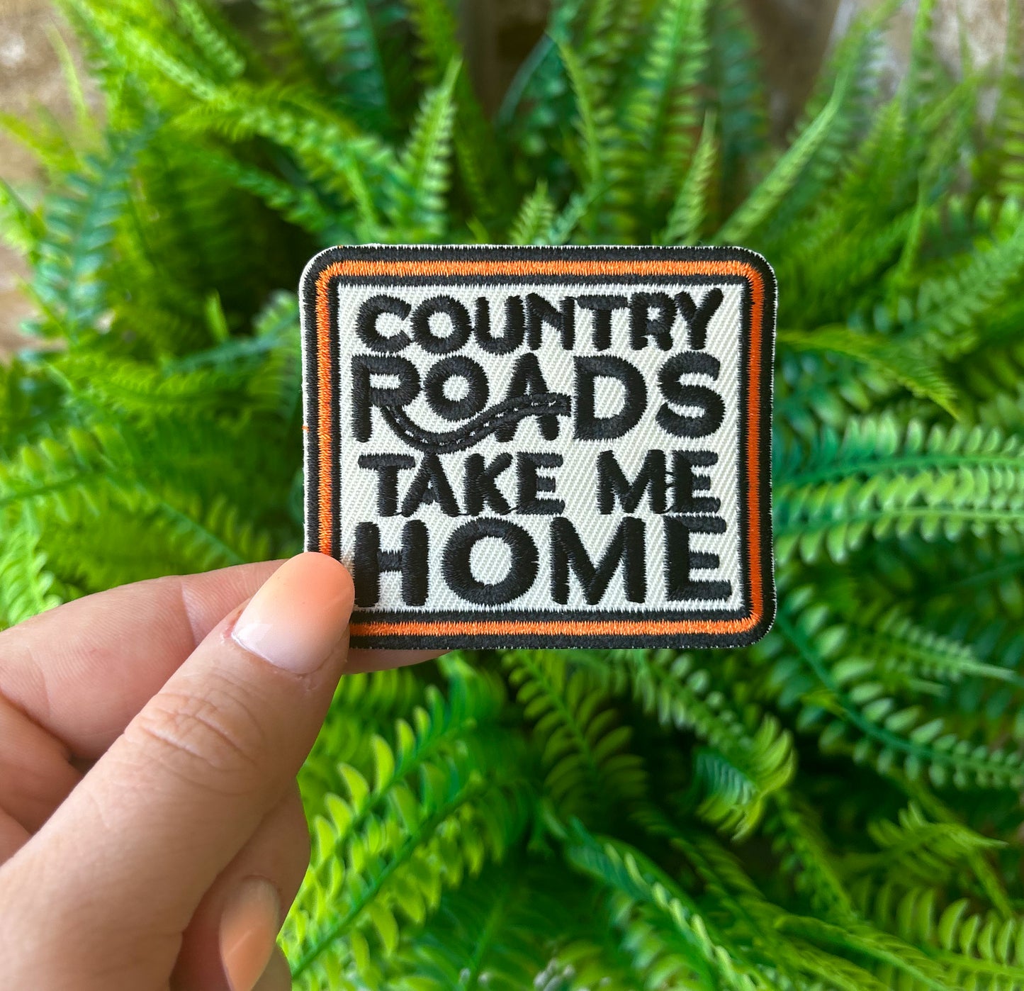 Country roads take me home embroidered iron on trucker hat patch