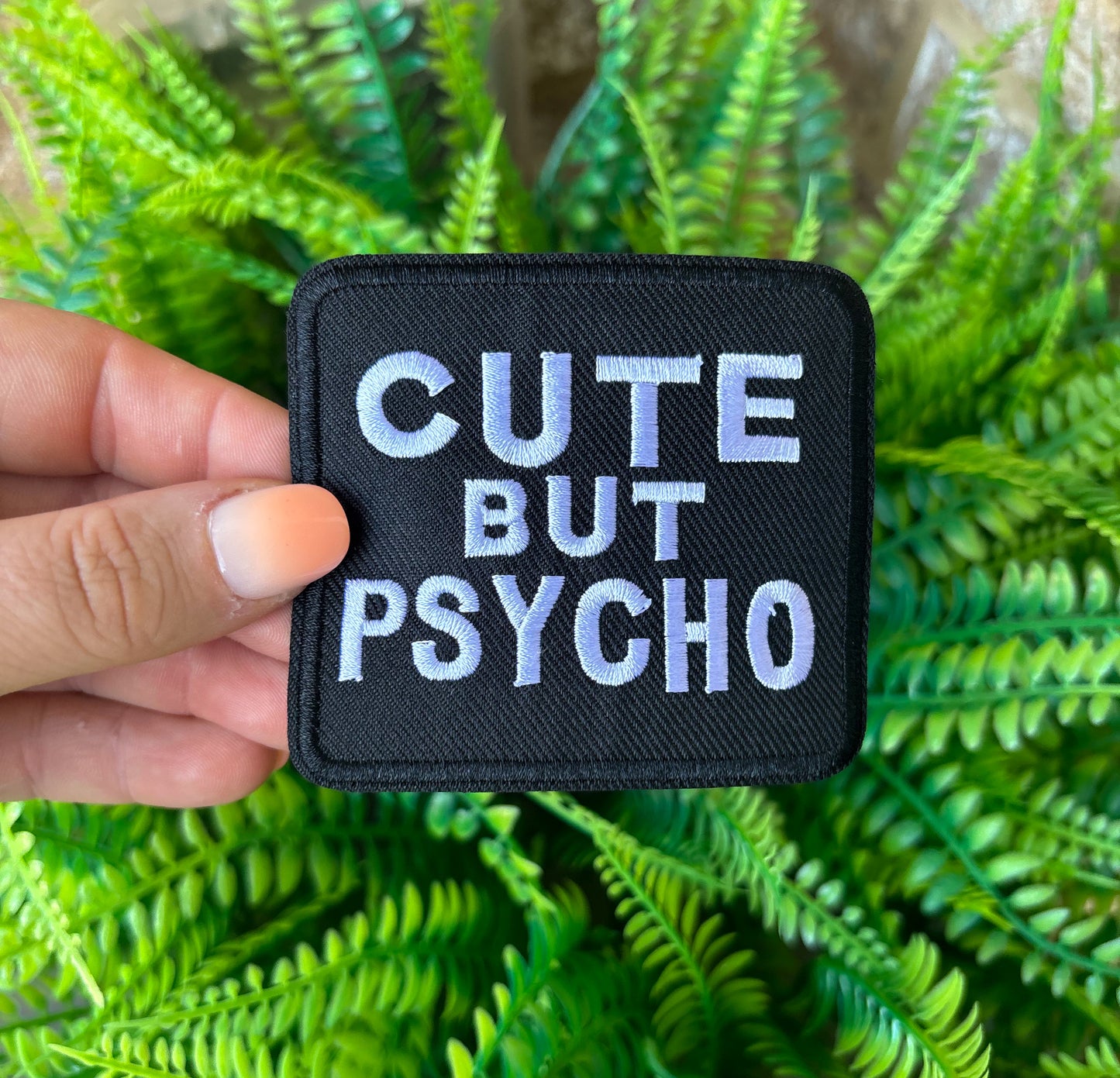 Cute but psycho funny embroidered iron on trucker hat patch