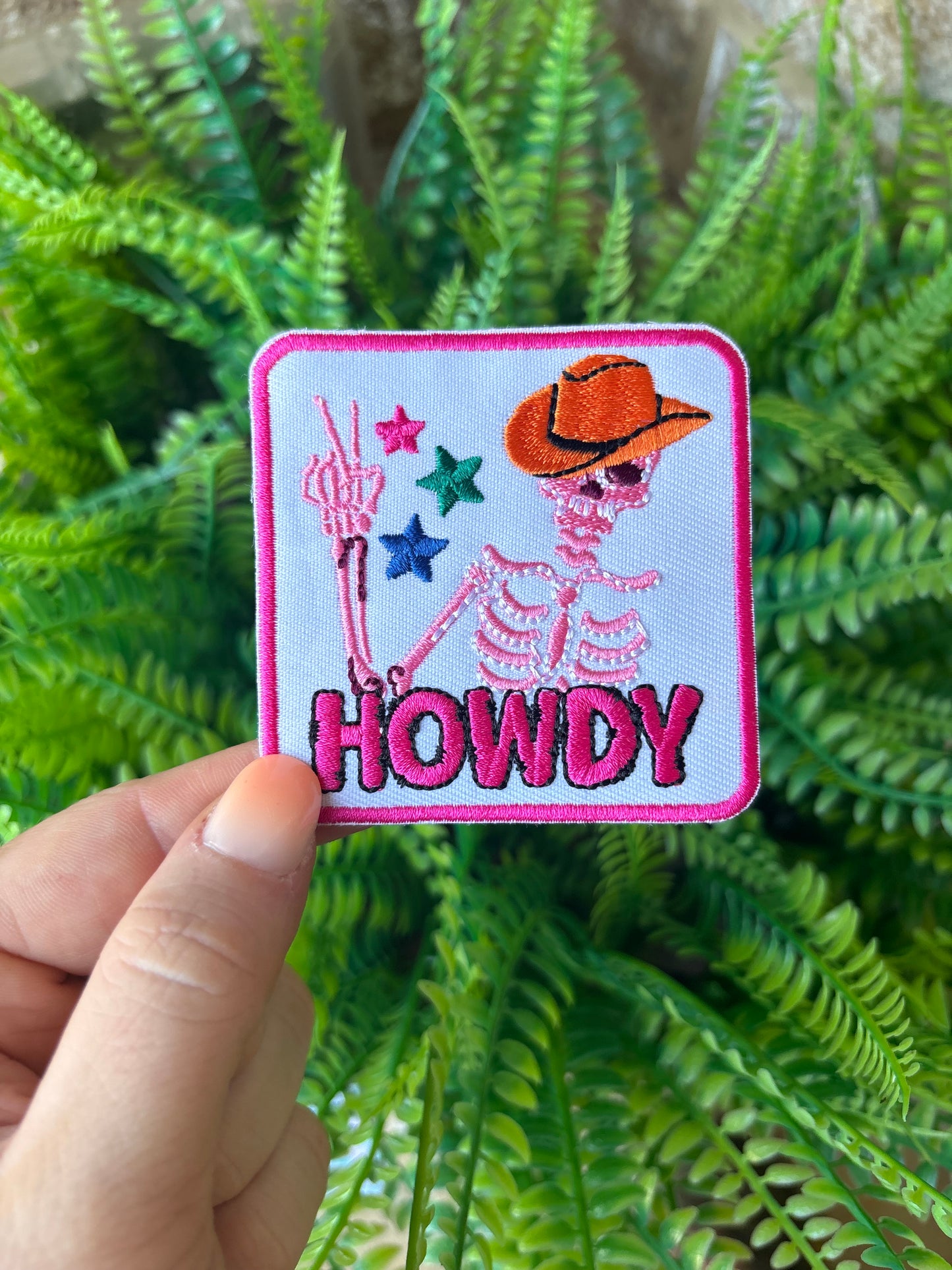 Western howdy skeleton embroidered iron on trucker hat patch