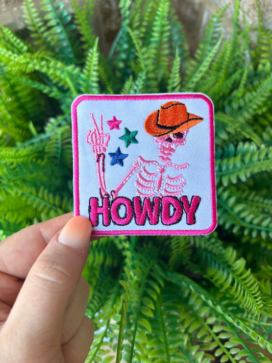 Western howdy skeleton embroidered iron on trucker hat patch