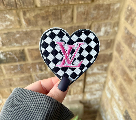 Lv black and pink checkered iron on patch