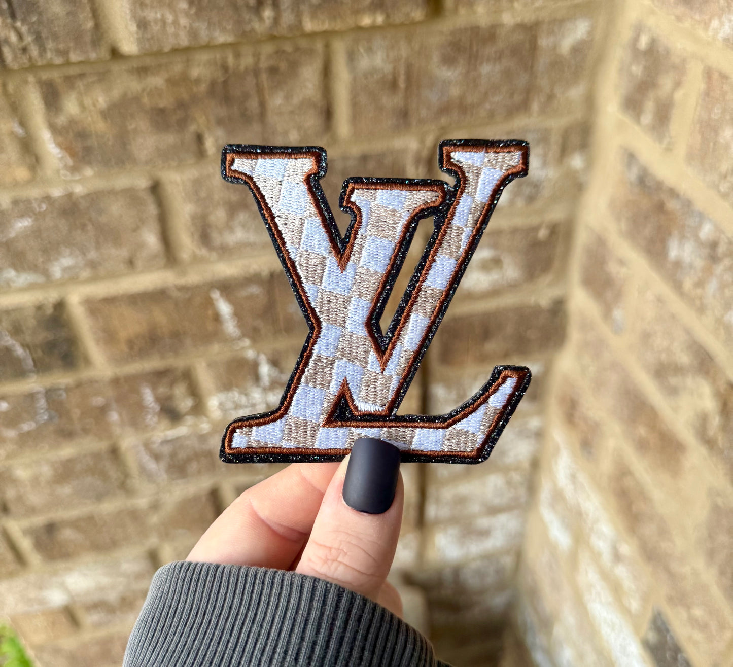 Lv tan checkered iron on patch