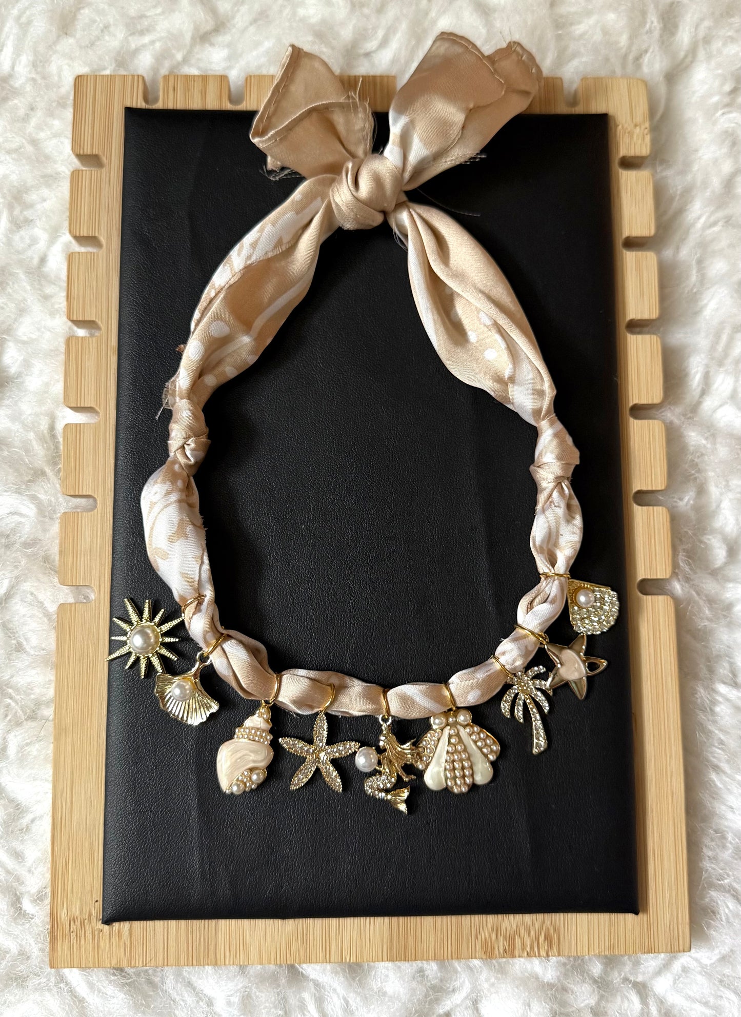 Beige Silk Scarf Necklace with Ocean-Inspired Charms