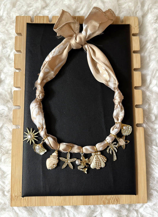Beige Silk Scarf Necklace with Ocean-Inspired Charms