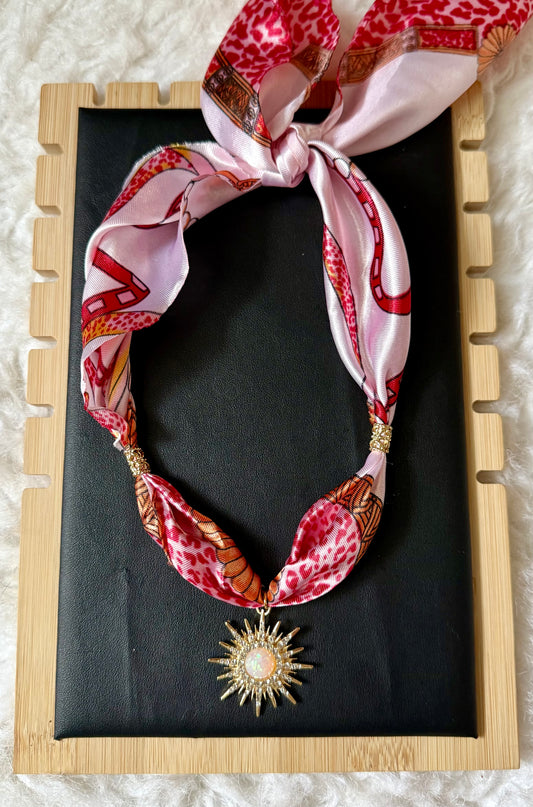 Pink Silk Scarf Necklace with Sunburst Opal Pendant