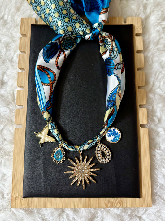 Blue Silk Scarf Necklace with Butterfly, Sunburst & Crystal Charms