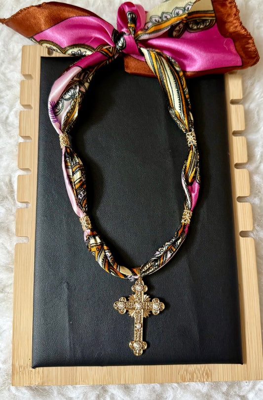 Silk Scarf Necklace with Gold Cross Pendant